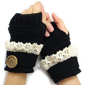 Black Fingerless gloves w Button & Crochet Details